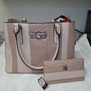 G by Guess Beige Ostrich Embossed Bag with Wallet
